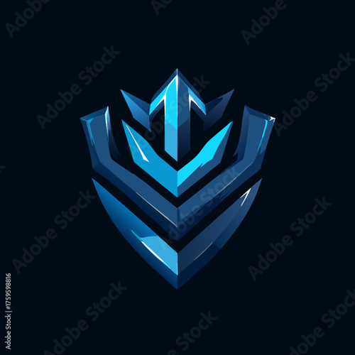 Modern blue geometric shield emblem. Abstract glossy metallic icon with sharp angles, symbolizing protection, strength, and digital security. Futuristic e-sports logo concept.