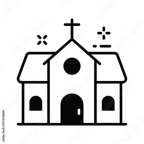 Spooky haunted church with cross and burning candle, modern icon
