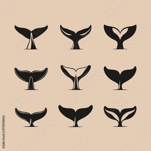 Vector set of stylized whale tails. Graphic black fin designs on a light background, symbolizing marine life, ocean, and nature.