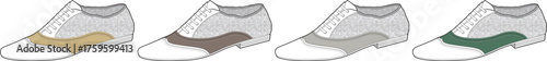 Collection of four saddle shoes in various color combinations, showcasing classic footwear designs