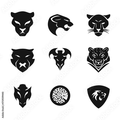 Powerful graphic black silhouette collection of wild predator animal heads and emblems for branding, logos, and mascots.