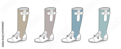 A stylish collection of equestrian half chaps and paddock boots for horse riding, shown in four different color options as an isolated vector illustration