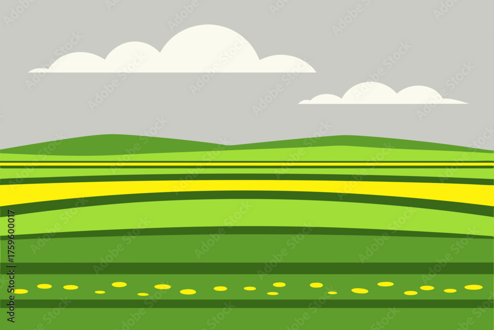 Fototapeta premium Stylized rolling green hills with yellow fields and clouds