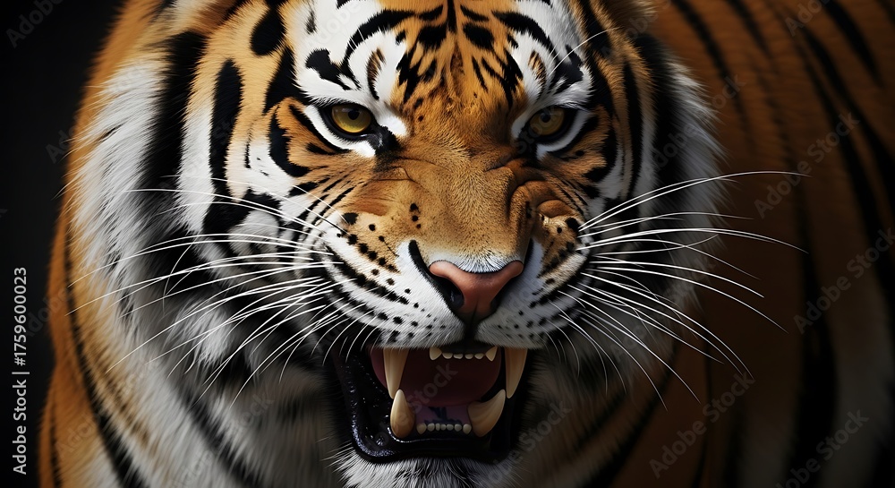 Obraz premium Ferocious Tiger with Striking Orange Black Striped Fur and Intense Gaze in Close Up