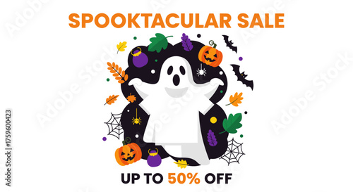 Spooktacular Halloween sale banner with a friendly ghost pumpkins and autumn leaves offering up to 50 off Perfect for promotions