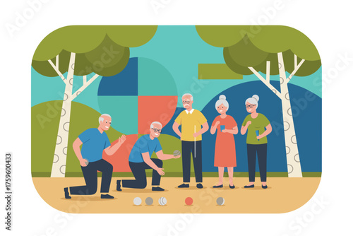 Happy seniors playing bocce ball in a park enjoying active retirement and friendship
