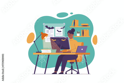 Remote worker in Halloweenthemed home office combining productivity with festive spooky spirit