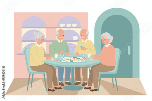 Active seniors playing board game enjoying social leisure time and companionship in a bright room