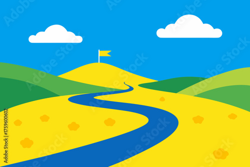 Winding blue river leads to flag on yellow hilltop under blue sky
