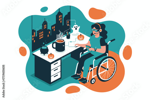Disabled person works from home on Halloween with VR headset and festive decorations