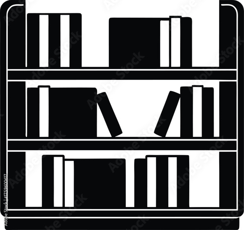 Modern bookshelf icon with various books and decorative elements