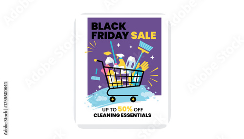 Black Friday sale graphic with shopping cart full of cleaning products and tools