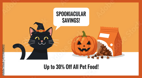 Cute witch cat and jackolantern announce Spookiacular Savings on pet food perfect for Halloween promotions