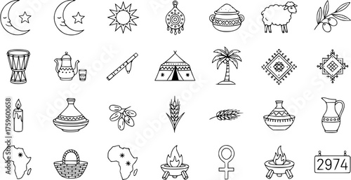 Set of Hand-drawn North African and Berber Cultural Icons, including Moon, Sun, Tagine, Teapot, Drum, Palm, Sheep, Dates, Wheat, and African Map Symbols