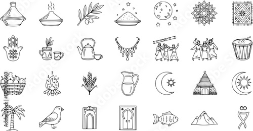Moroccan Culture  Nature Icons Set. Hand-drawn outline doodle symbols: food, tea, hamsa, desert, mountains, music, architecture. Traditional North African art elements.