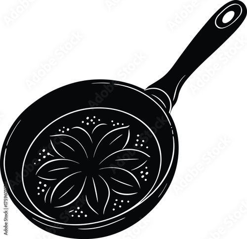 Detailed illustration of a vintage frying pan with intricate embossed patterns