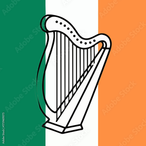 Harp illustration with Irish flag colors of green, white, and orange  