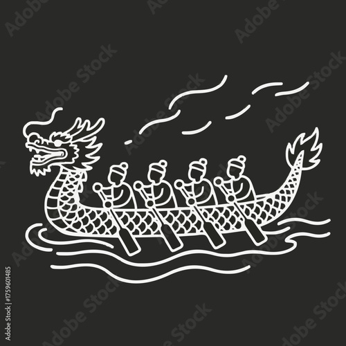 Dragon boat racing team paddling on water in traditional style  