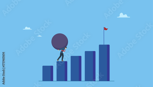 Exhausted businessman carry heavy boulder step up to success. Difficult task, problem or difficulty to achieve success, overcome challenge, over burden or heavy boulder, effort to success.