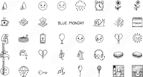 Hand-drawn doodle icons illustrating Blue Monday, sadness, melancholy, and low energy. Collection of emotional symbols for winter blues and depression.