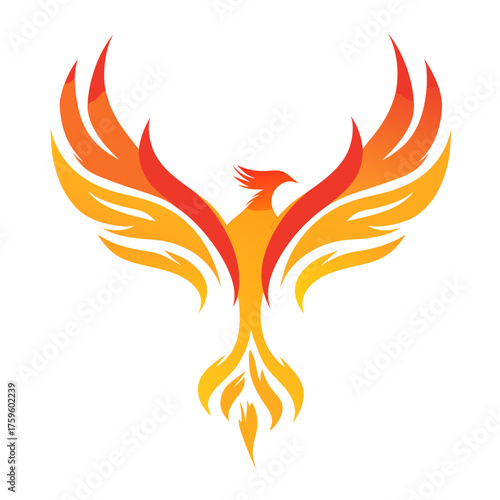Vibrant phoenix bird icon with fiery wings, mythical creature illustration, symbol of rebirth, renewal, strength, and triumph