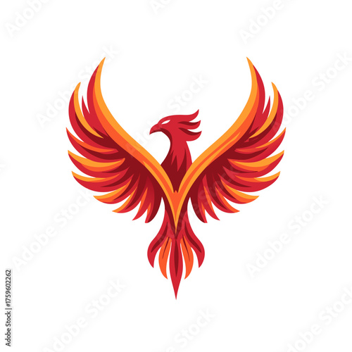 Majestic fiery phoenix bird illustration, a powerful mythical creature symbol of strength, rebirth, and energy. Dynamic graphic logo design.
