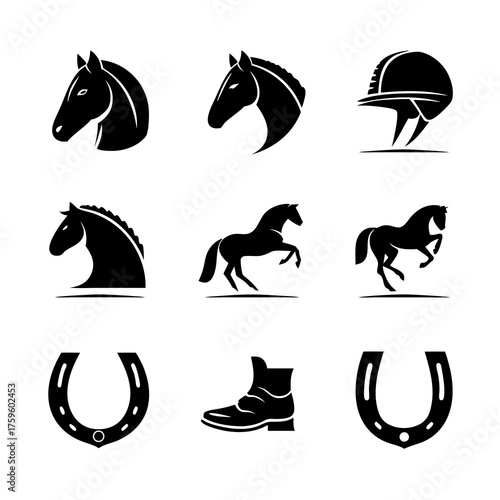 Equestrian Horse Icons Set: Silhouettes of Galloping Horses, Helmet, Boot, Horseshoes. Sports, Riding, and Racing Design Elements.