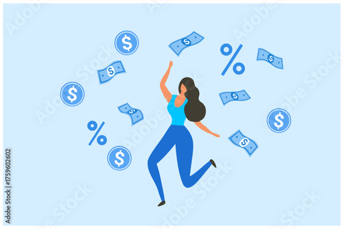 Happy woman jumping with money, financial success, wealth management, and profitable investment returns vector illustration