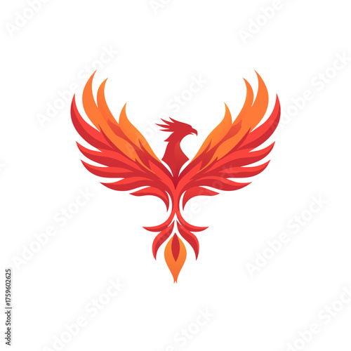 Abstract Fiery Phoenix Bird Logo Icon Vector Illustration. Mythical Creature in Red and Orange Tones, Symbol of Rebirth, Power, and Strength.