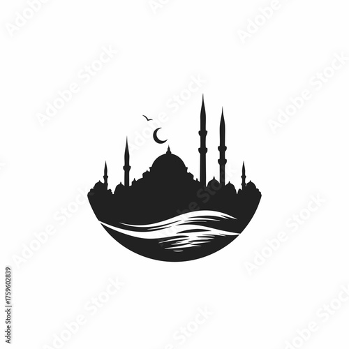 Islamic mosque silhouette with multiple minarets and dome, crescent moon, and stylized water. Spiritual architecture graphic design icon.