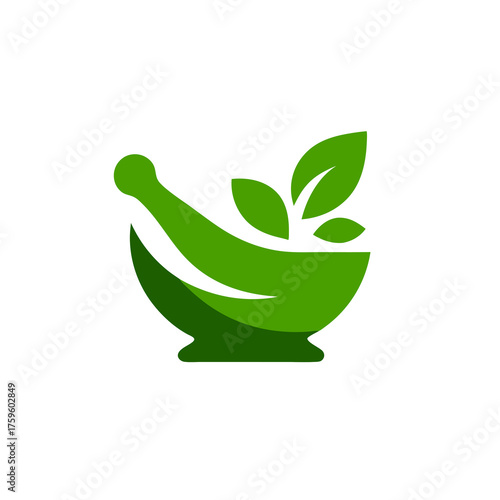 Green mortar and pestle with leaves icon for natural medicine, herbal remedies, holistic health, and organic wellness