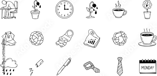 Hand-drawn doodle icons illustrating daily work life, office routine, stress, time, and business concepts. Includes tired worker, coffee, calendar, documents, and dying plants.