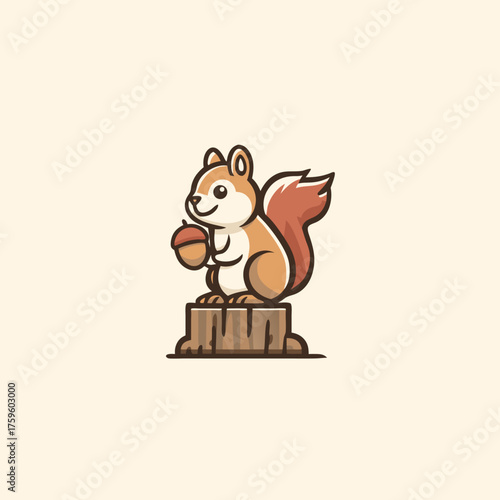 Cute cartoon squirrel holding an acorn on a tree stump, adorable vector illustration of a friendly forest animal mascot.