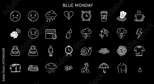 Blue Monday concept icon set. Sadness, depression, winter blues, and bad mood symbols. Flat outline vector illustration.