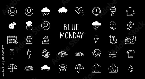 Blue Monday concept: collection of vector line icons depicting sadness, stress, rain, and fatigue on a gloomy day.