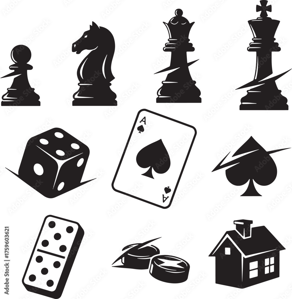Fototapeta premium Board game and casino icons set, chess pieces, dice, playing cards, domino, poker chips vector.
