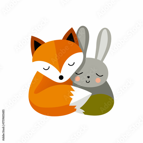 Adorable cartoon fox and rabbit snuggling. Cute woodland animal friends, vector illustration, flat design graphic for kids.