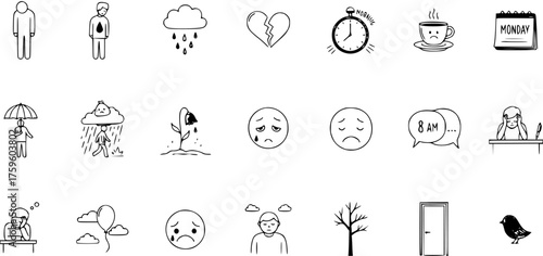 Hand-Drawn Sadness  Depression Icons Set. Doodle Vector Collection of Negative Emotions, Stress, Loneliness, Heartbreak, and Mental Health Struggles. Minimalist Illustrations.