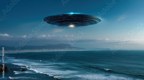 Mysterious flying object hovers over the ocean near a coastal city at sunset