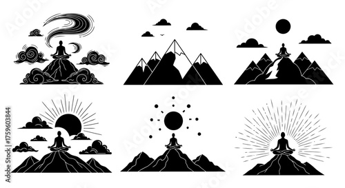 Person Meditating on Mountains and Clouds Sunrise Sunset Silhouette Set