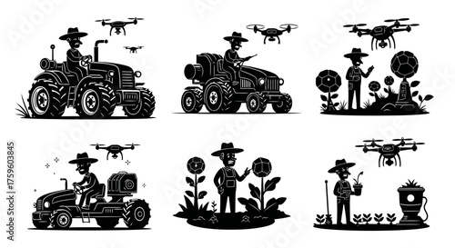 Modern Farming with Tractors and Agricultural Drones Silhouette Set