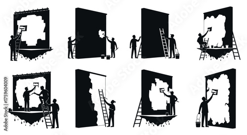 Painters Decorators Applying Paint Wall Ladders Buckets Brushes Renovation Home Improvement Vector