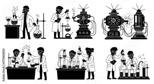 Scientists Conduct Experiments Lab Technicians Research Development Chemical Reactions Flasks Beakers Vector