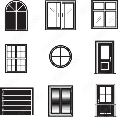 Windows and doors icons set, arched door, sliding window, sash, garage, balcony, shutters vector.