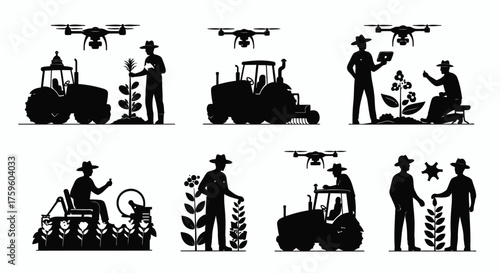 Modern Farming with Drones and Tractors, Black and White Silhouette Vector