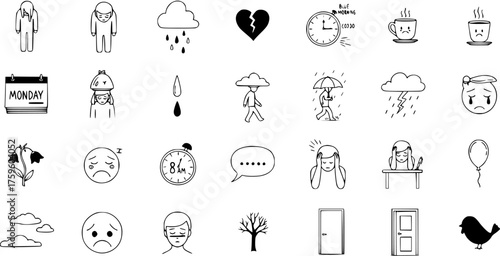 Hand-drawn doodle set of sad, depressed, and bad mood emotions, symbols, and concepts
