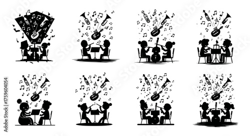 Orchestra Silhouette Vector Flat Illustrations of Musicians Playing Instruments