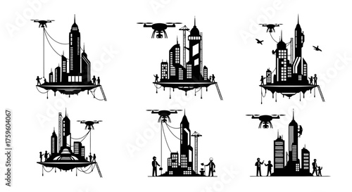 Futuristic Cityscapes with Drones and People Working on Urban Structures