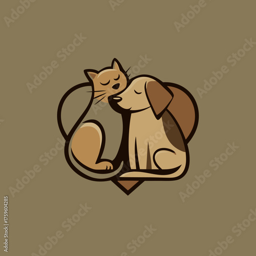 Adorable cat and dog embracing in a heart outline, illustrating pet friendship, love, care, and animal companionship.