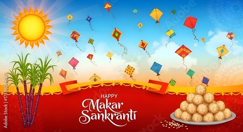 Makar Sankranti Festival Celebration with Kites and Sweets.